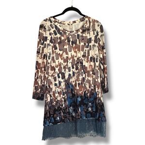Logo By Lori Goldstein Long Sleeve Lace Hem Top XS Abstract Print
